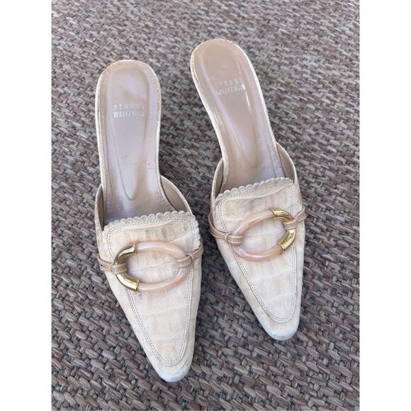 Stuart Weitzman Pink Crocs Embossed Leather Slide Mule Heels Women - Picture 1 of 9